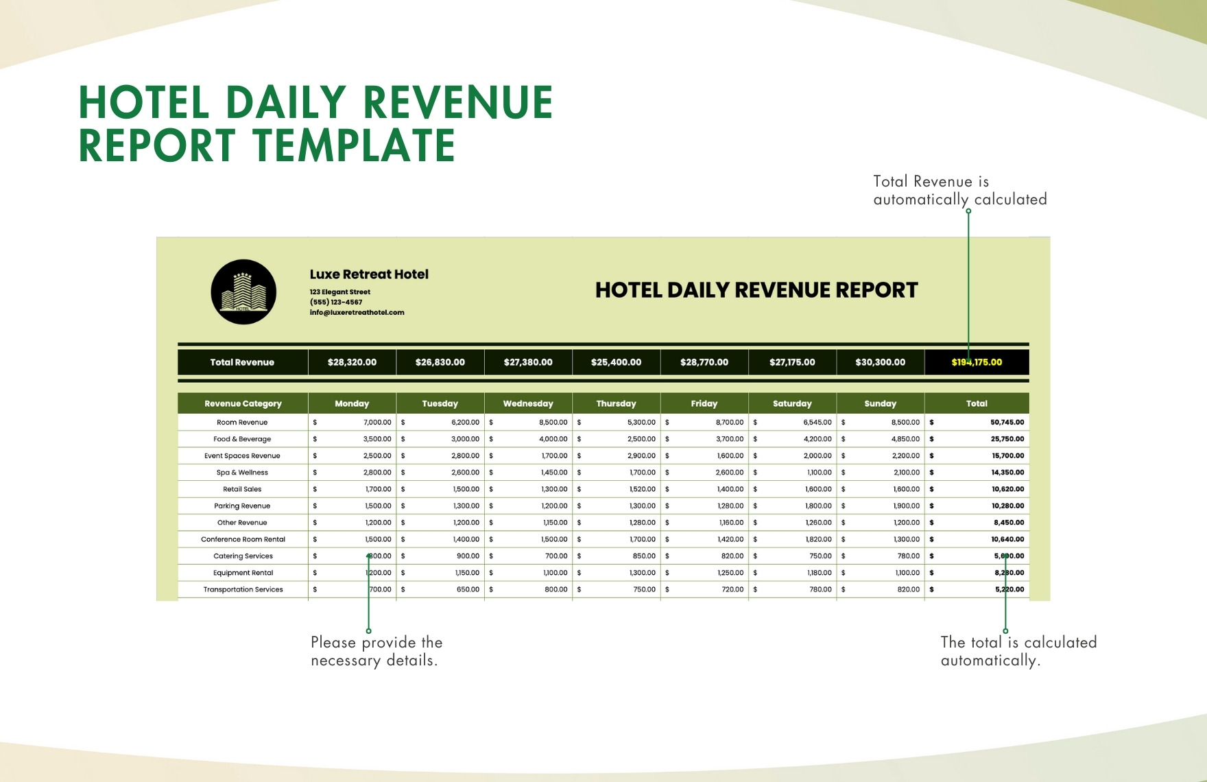 Hotel Daily Revenue Report Template