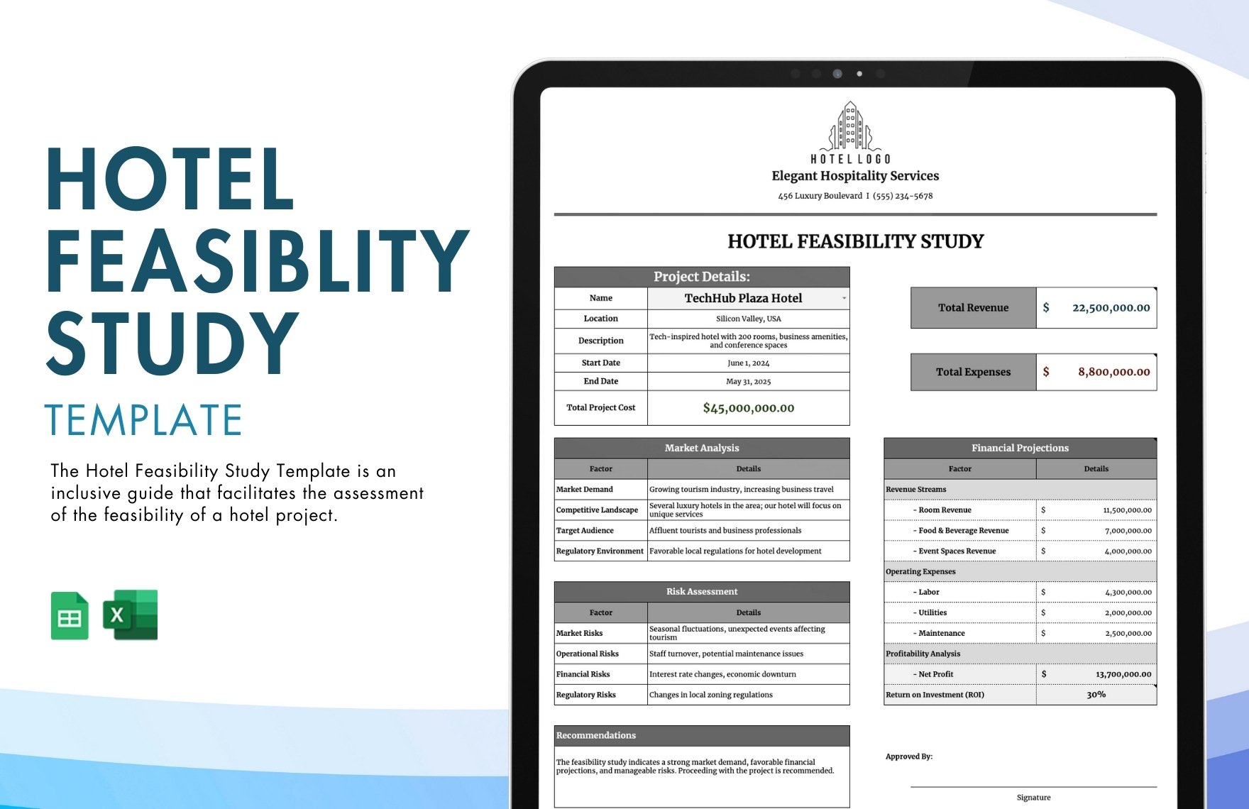 Hotel Feasiblity Study Template in Excel, Google Sheets
