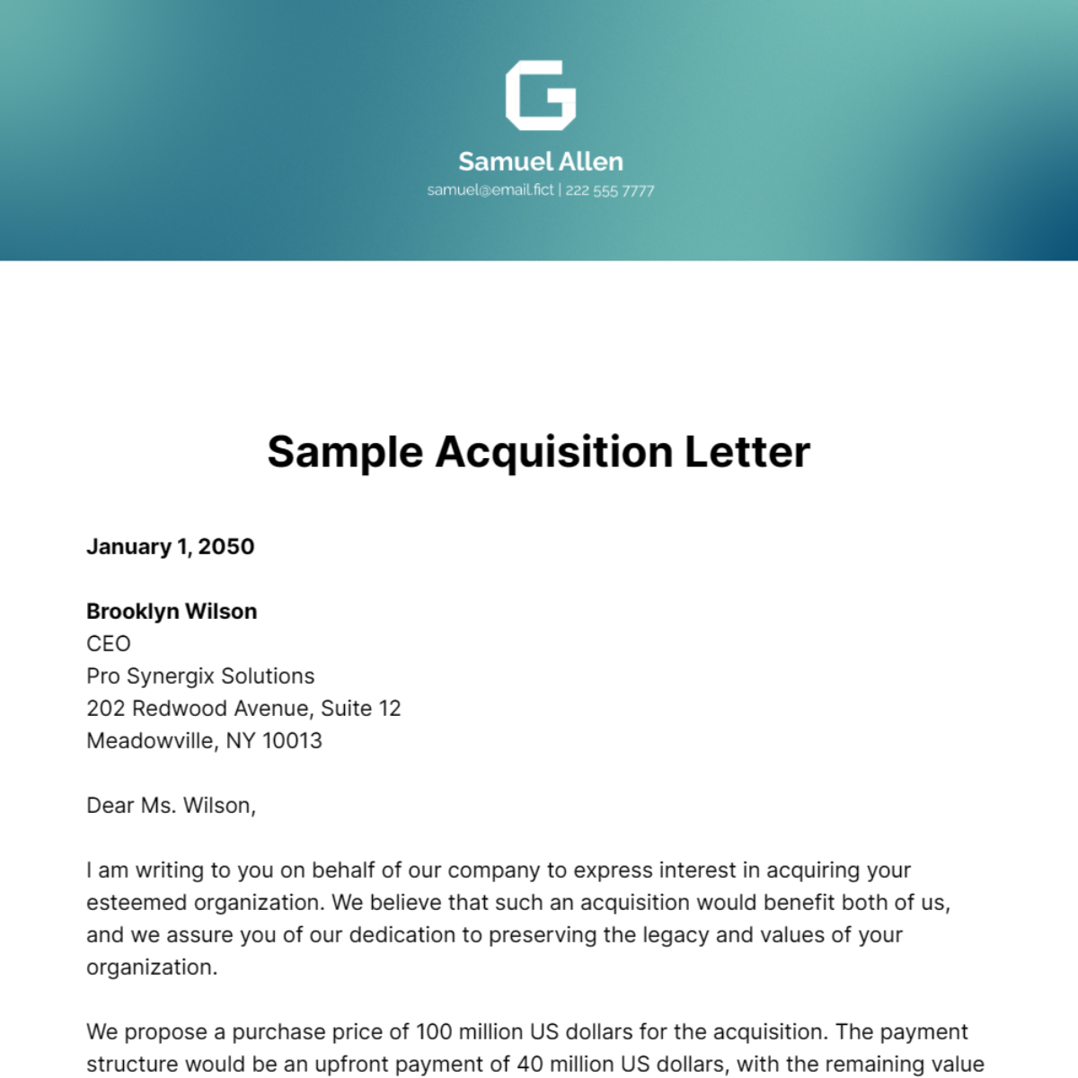 Free Sample Acquisition Letter Template