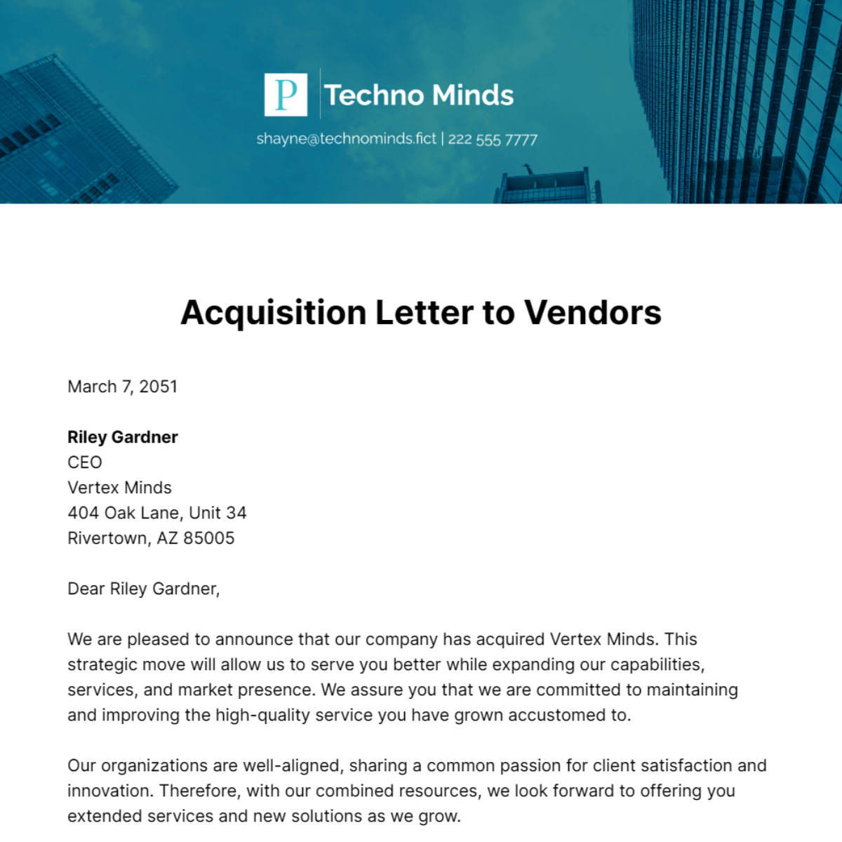 Free Acquisition Letter of Vendors Template