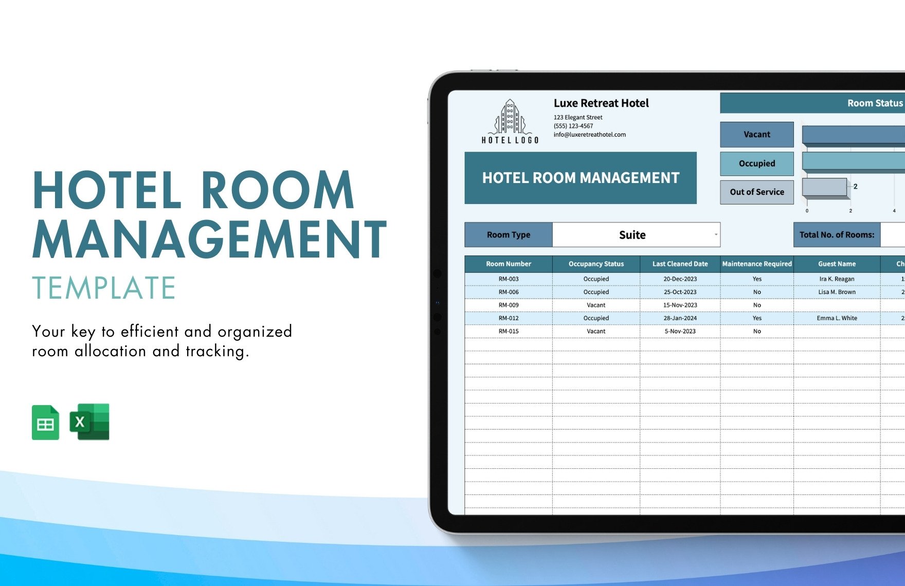 Hotel Room Management Template in Excel, Google Sheets