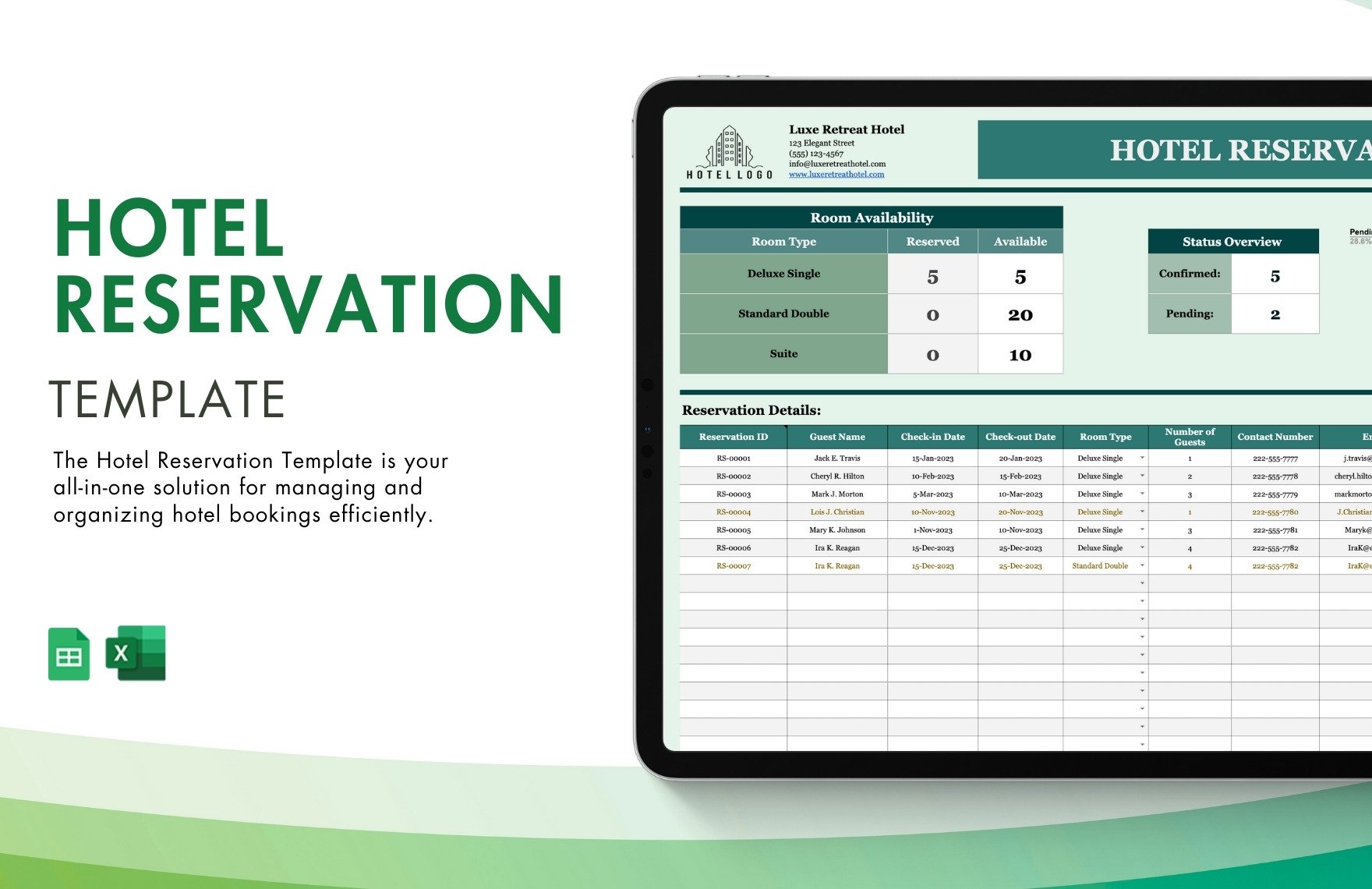 Hotel Reservation Template in Excel, Google Sheets