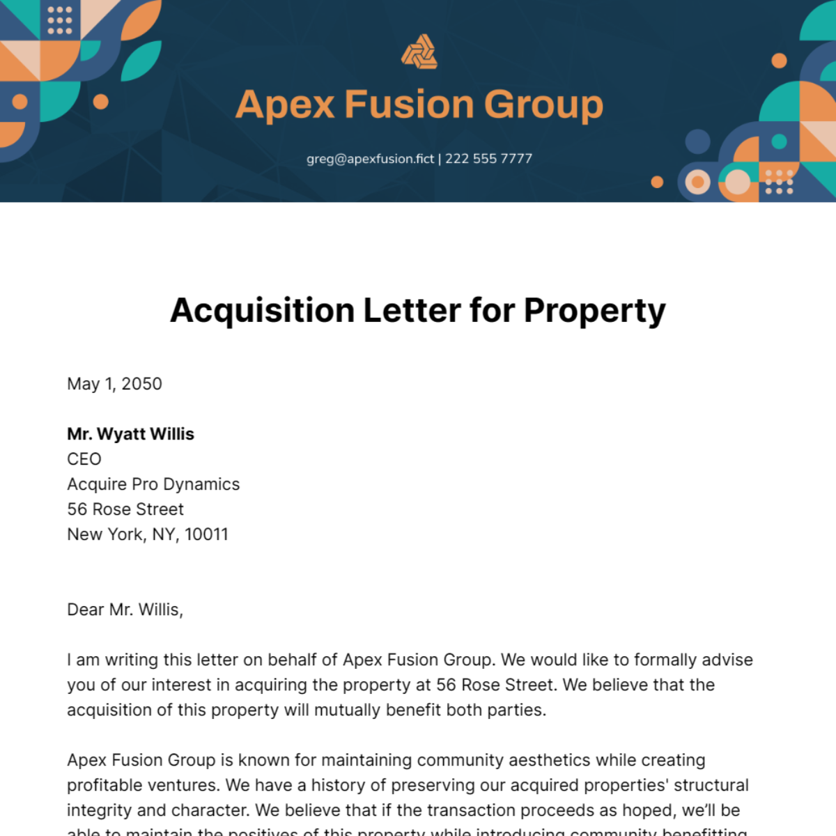 Free Acquisition Letter for Property Template