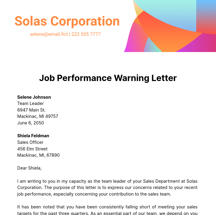 Job Performance Warning Letter Template