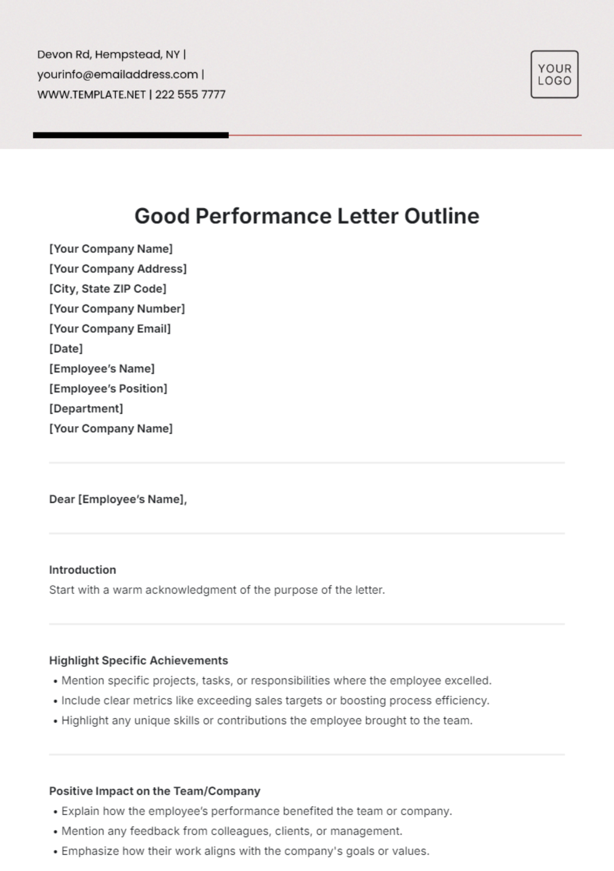 Good Performance Letter Outline Template - Edit Online & Download