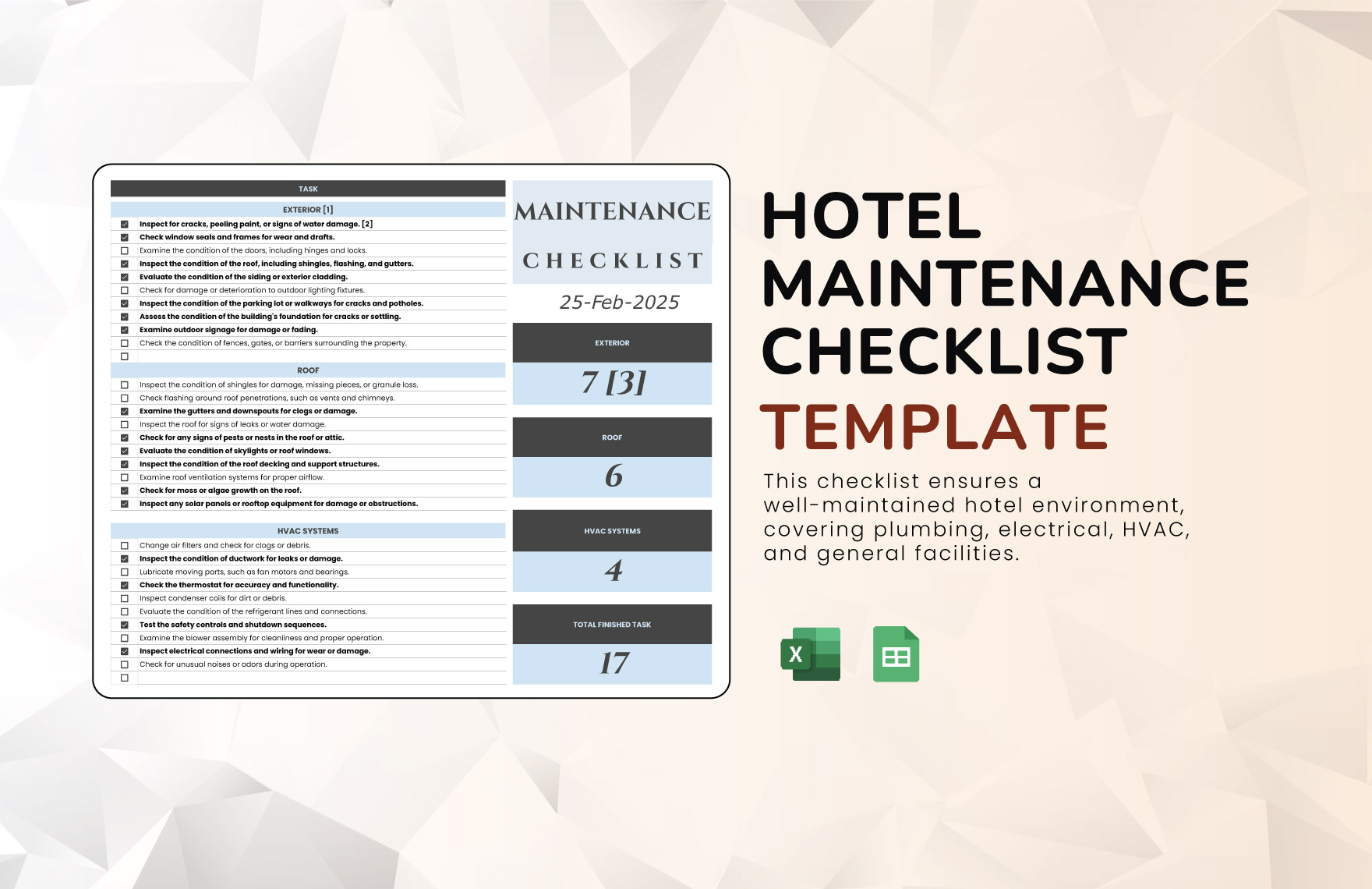 Hotel Maintenance Checklist Template in Excel, Google Sheets - Download | Template.net