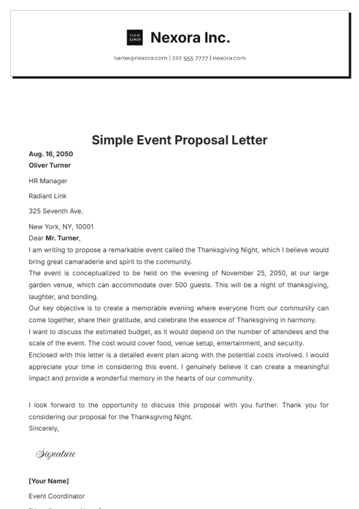 Simple Event Proposal Letter Template - Edit Online & Download