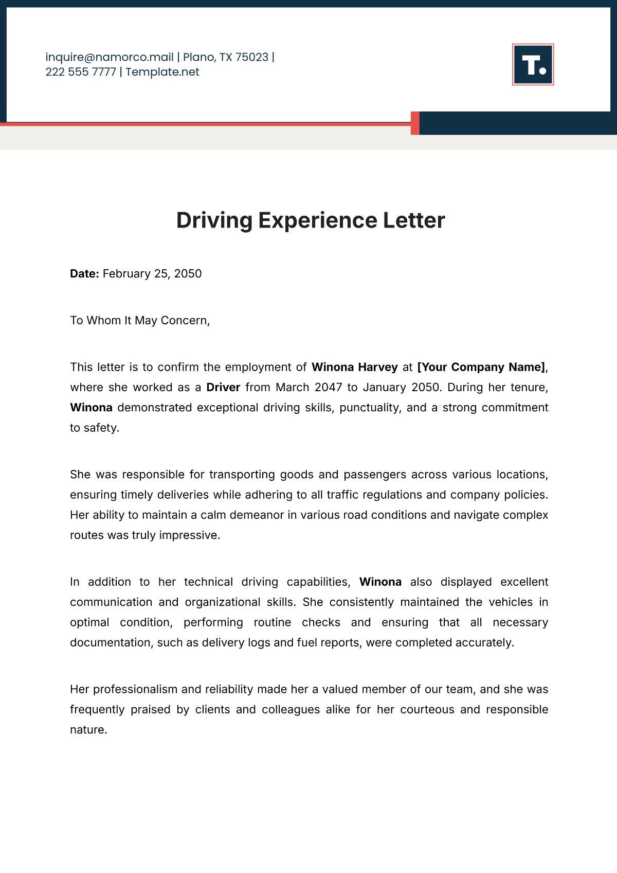 Driving Experience Letter Template - Edit Online & Download