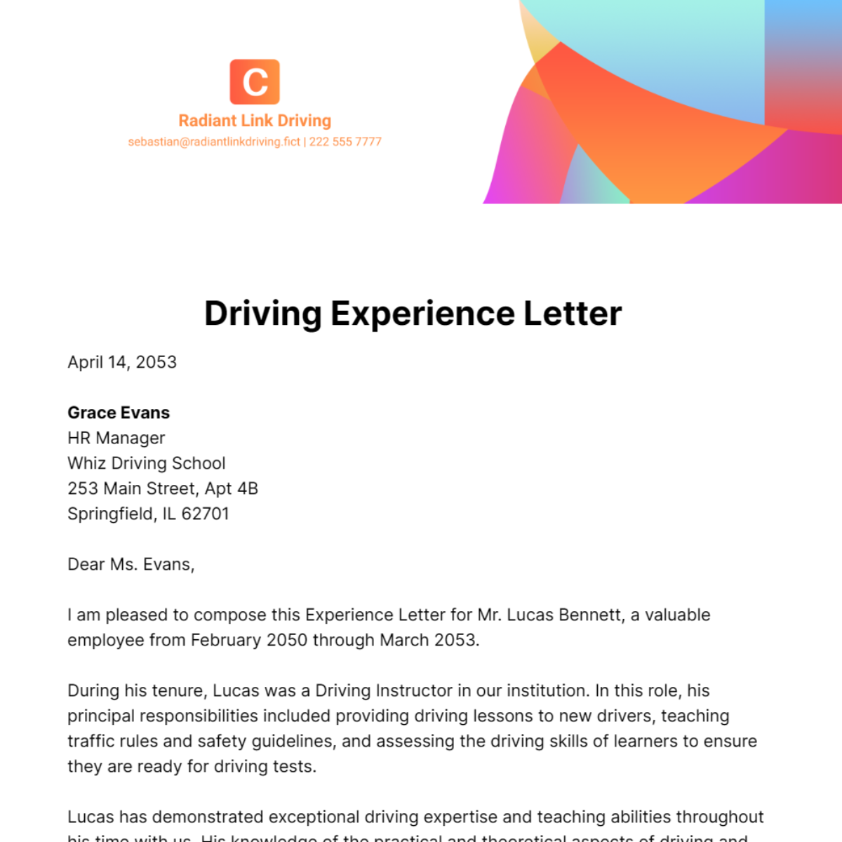 Free Driving Experience Letter Template