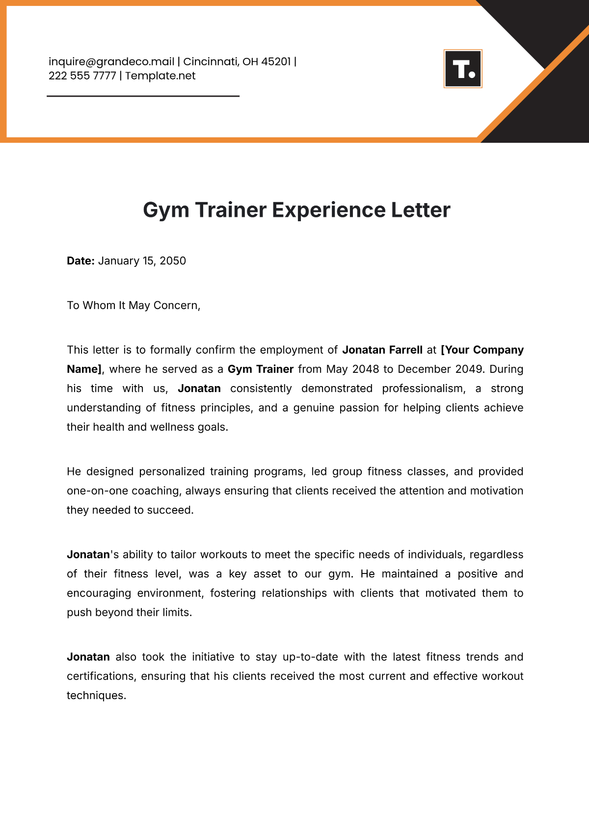 Gym Trainer Experience Letter Template - Edit Online & Download