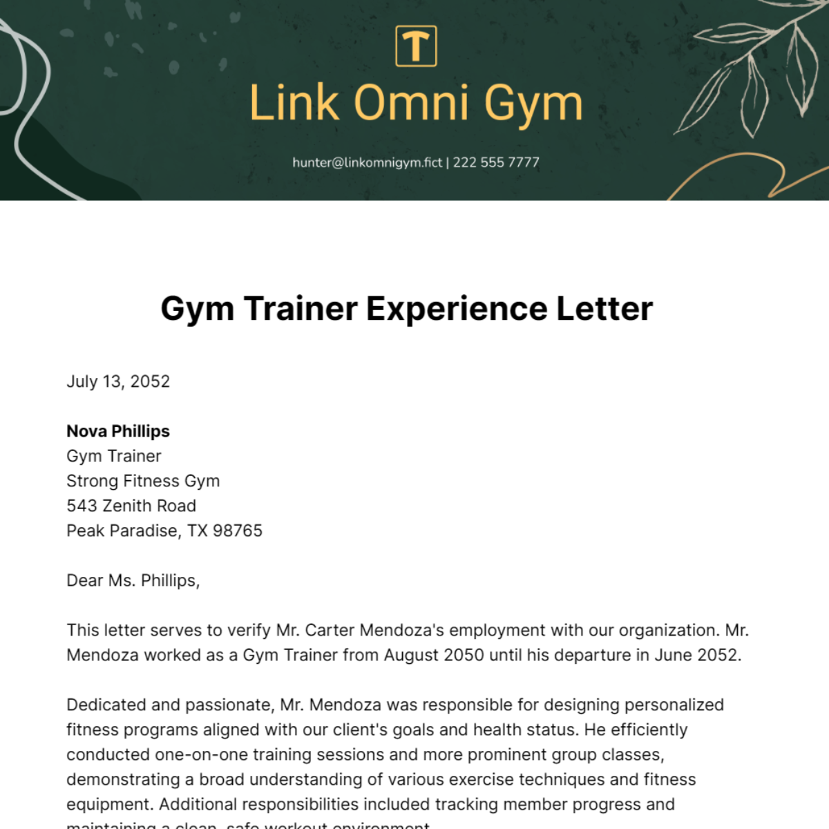 Gym Trainer Experience Letter  Template