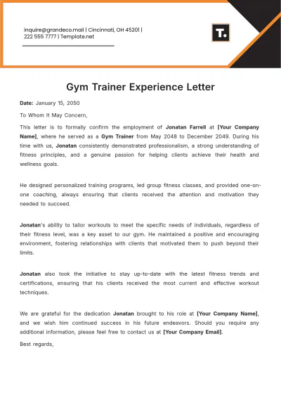 Free Gym Trainer Experience Letter Template to Edit Online