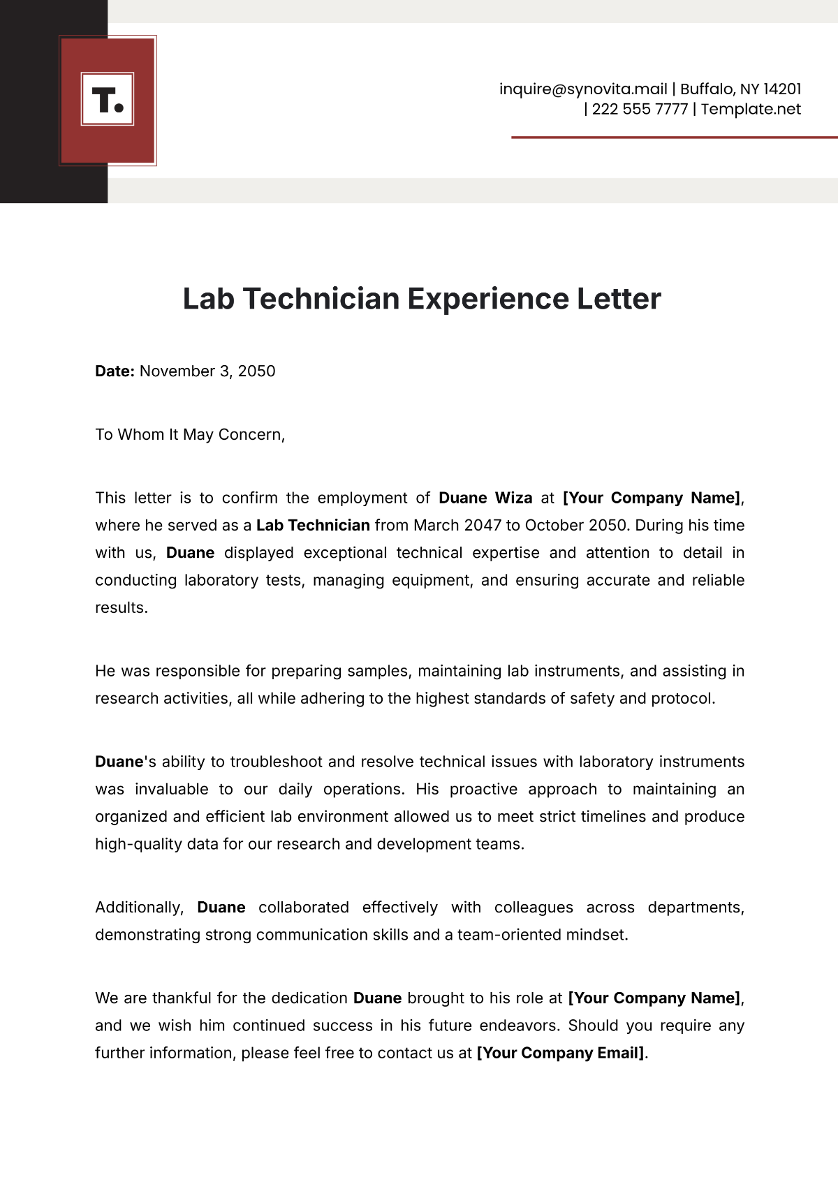 Lab Technician Experience Letter Template - Edit Online & Download