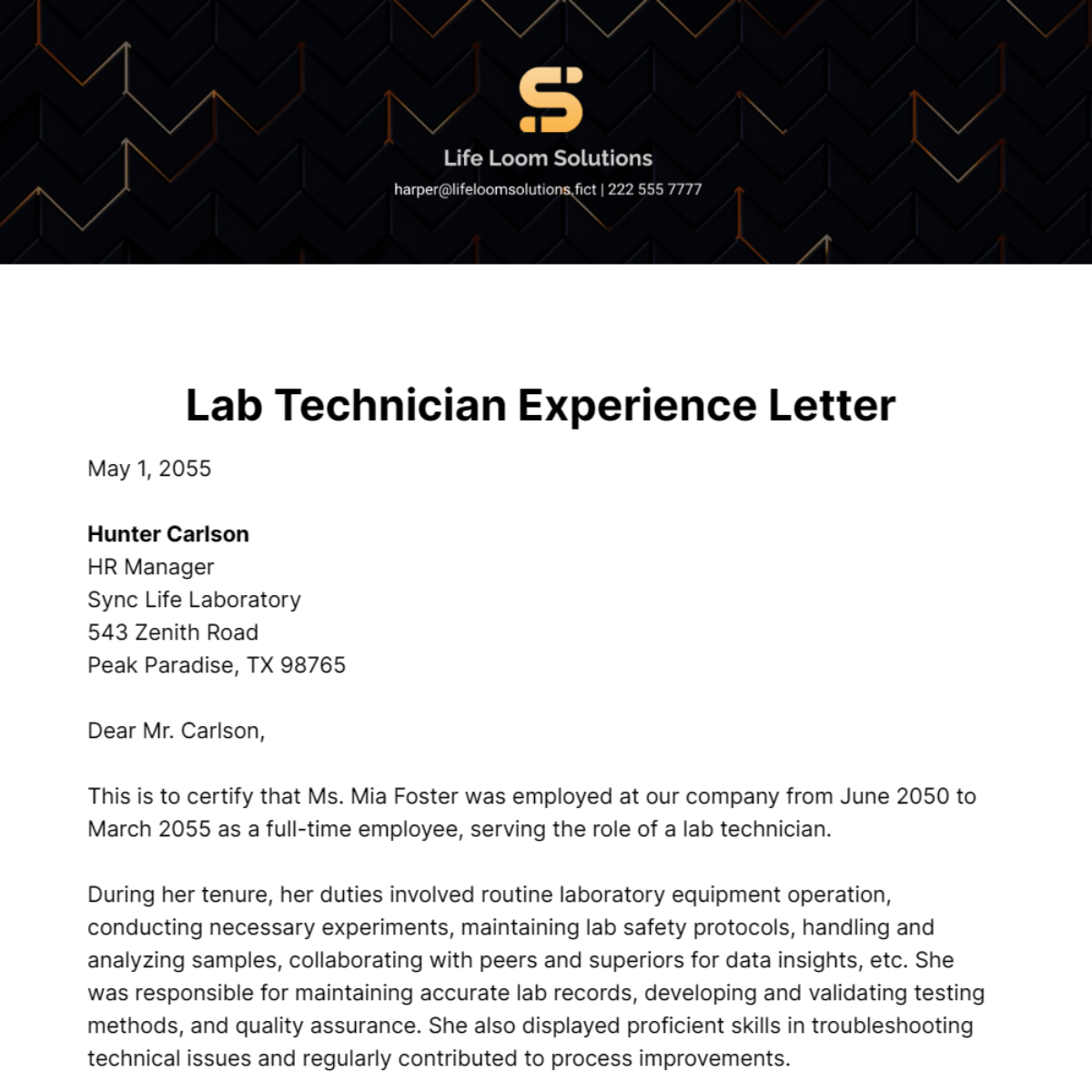 Lab Technician Experience Letter  Template