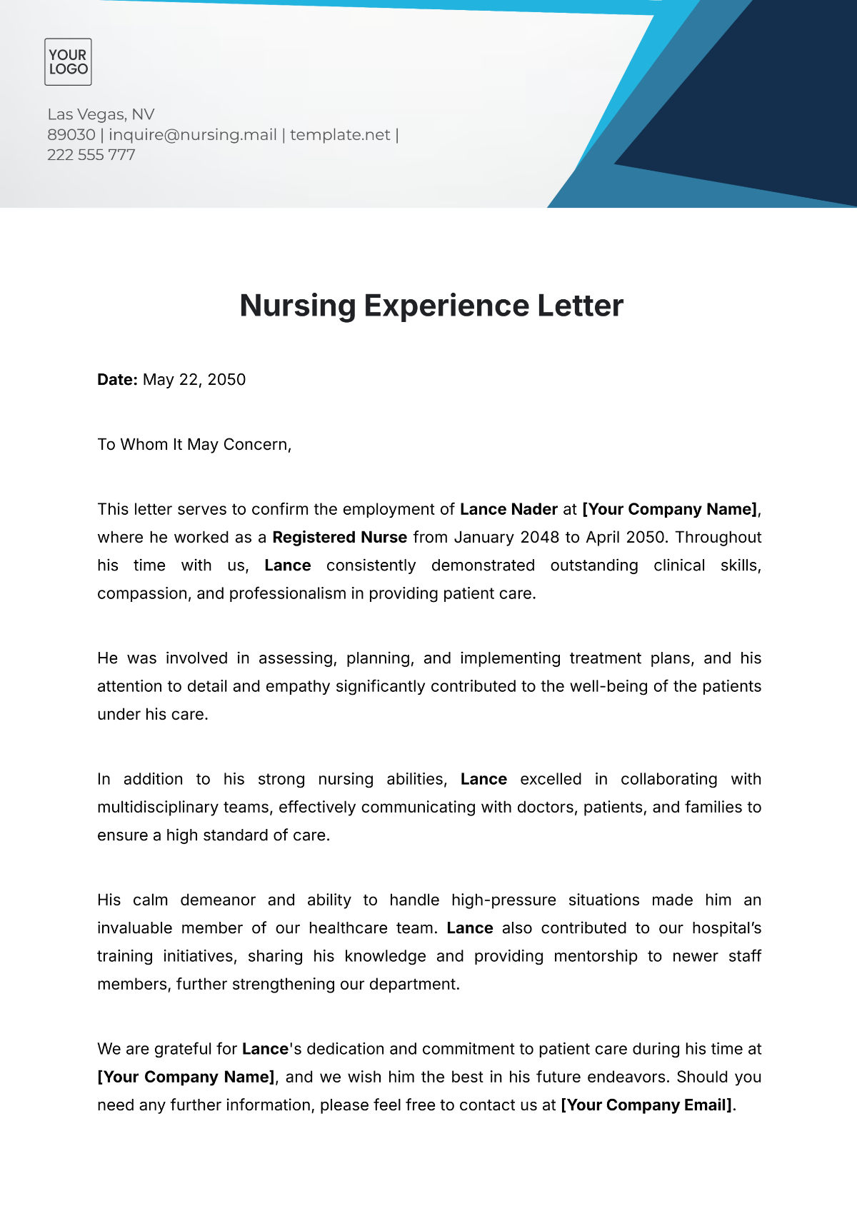 Nursing Experience Letter Template - Edit Online & Download