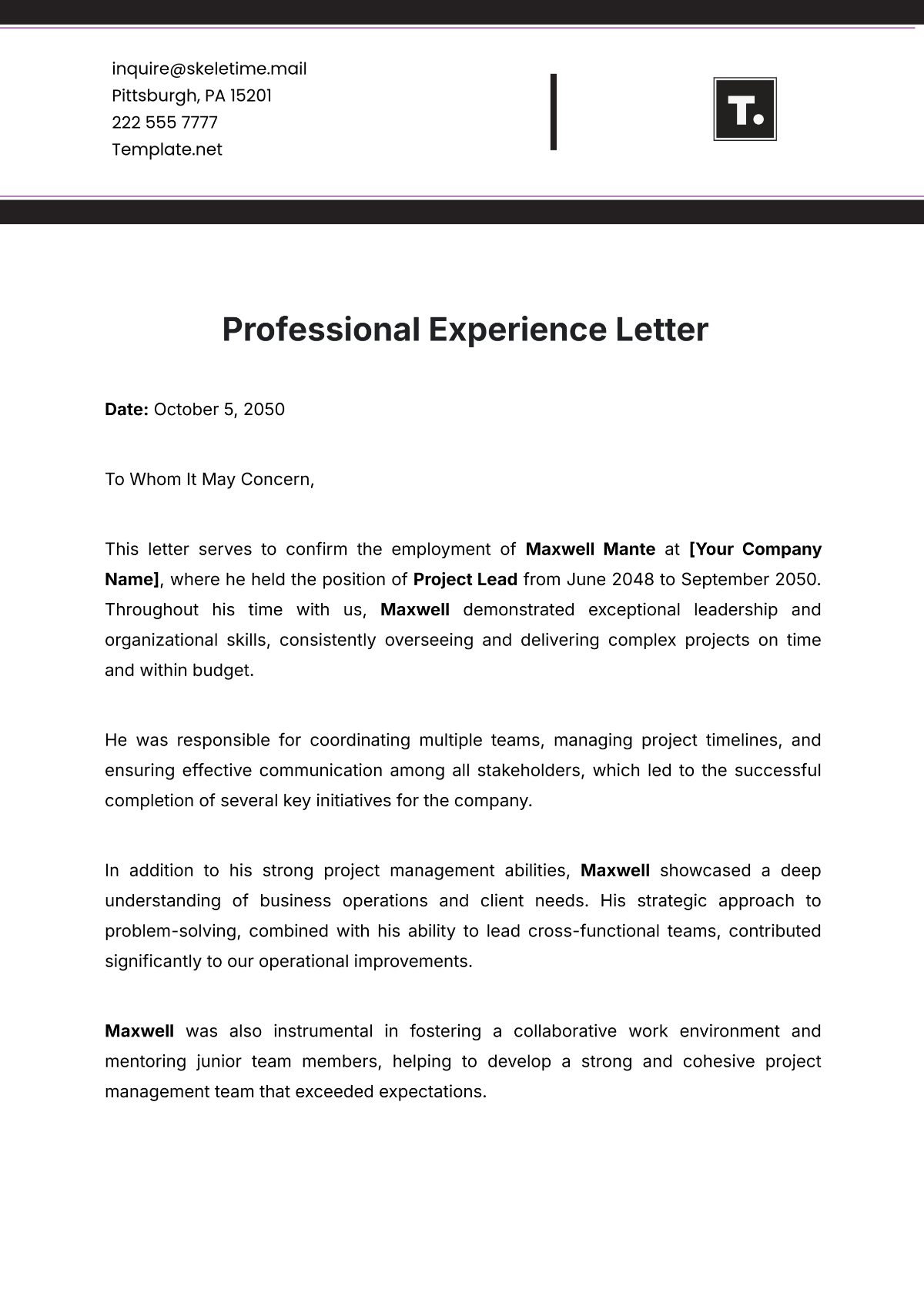 Professional Experience Letter Template - Edit Online & Download