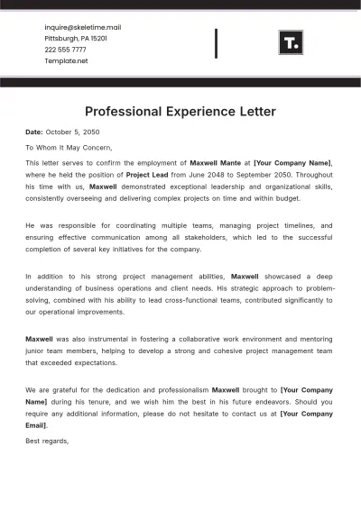 Free Professional Experience Letter Template to Edit Online
