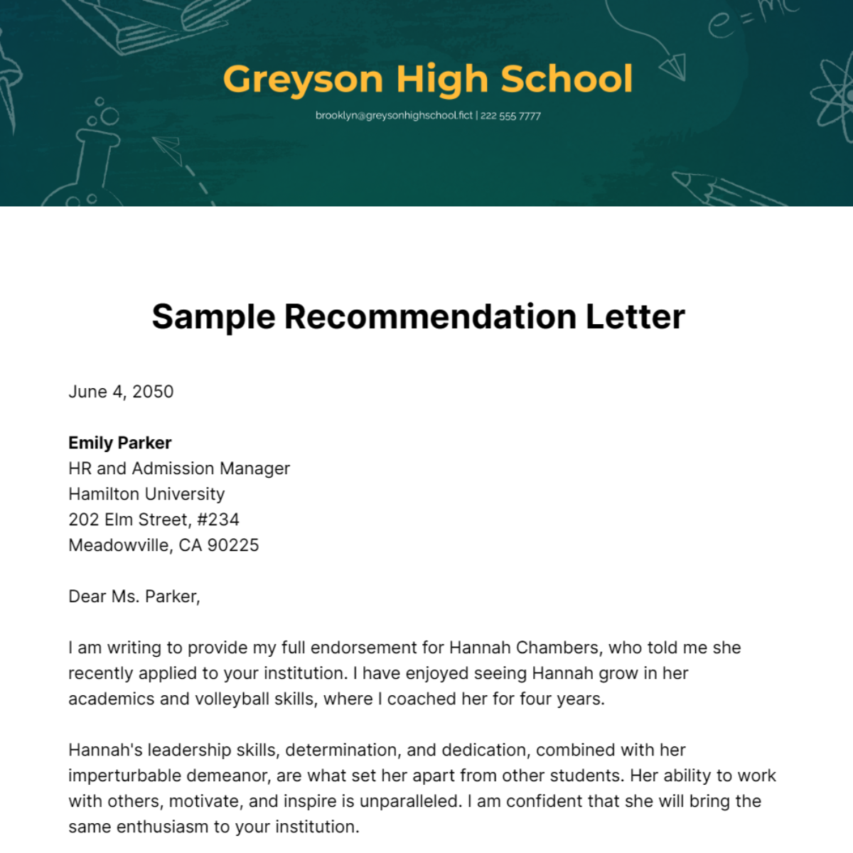 Free Sample Recommendation Letter Template