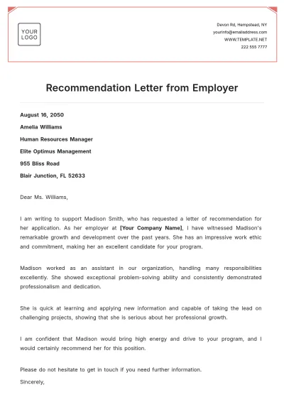 Free Recommendation Letter from Employer Template to Edit Online