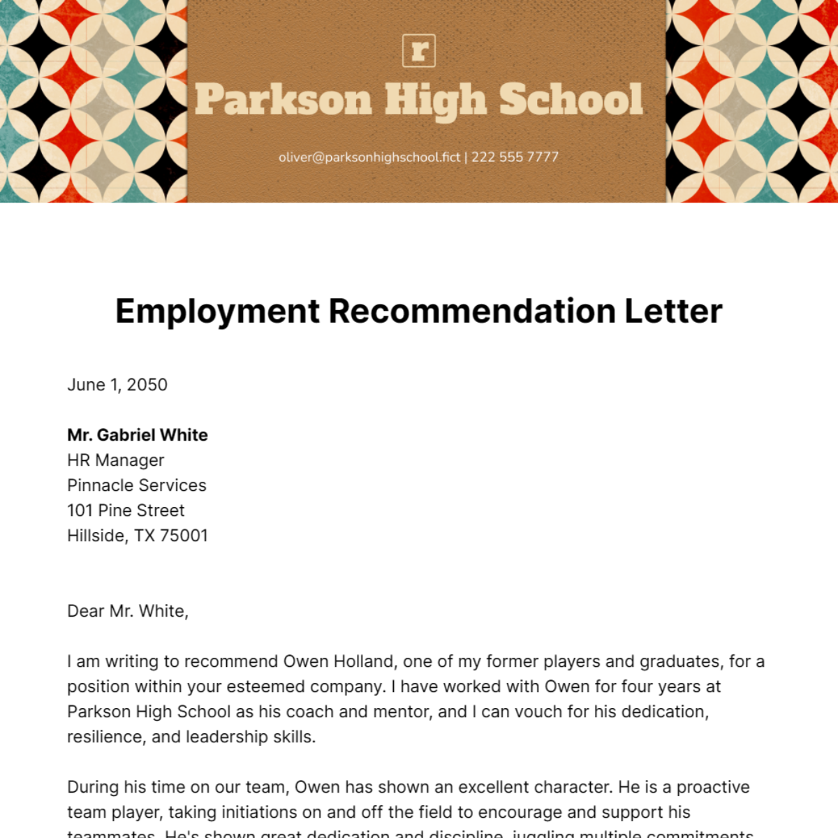 Employment Recommendation Letter   Template