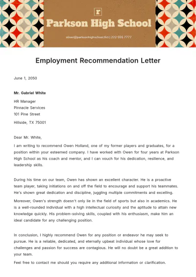 Free Employment Recommendation Letter   Template to Edit Online