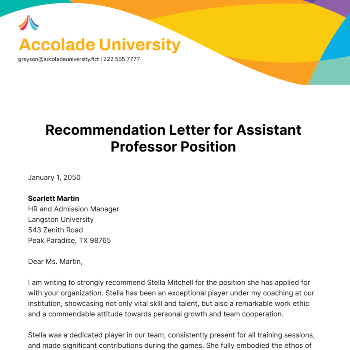 Free Recommendation Letter for Assistant Professor Position  Template