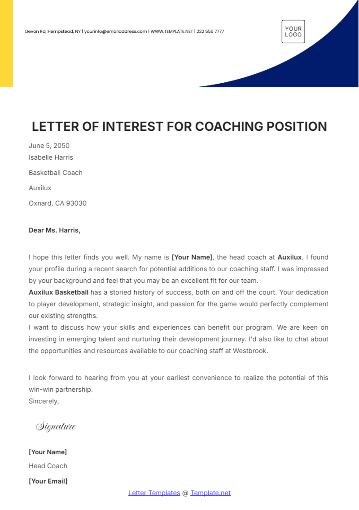 Letter of Interest for Coaching Position Template - Edit Online & Download