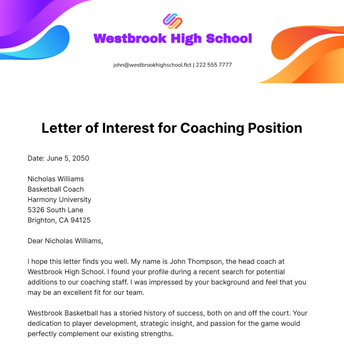 Letter of Interest for Coaching Position  Template