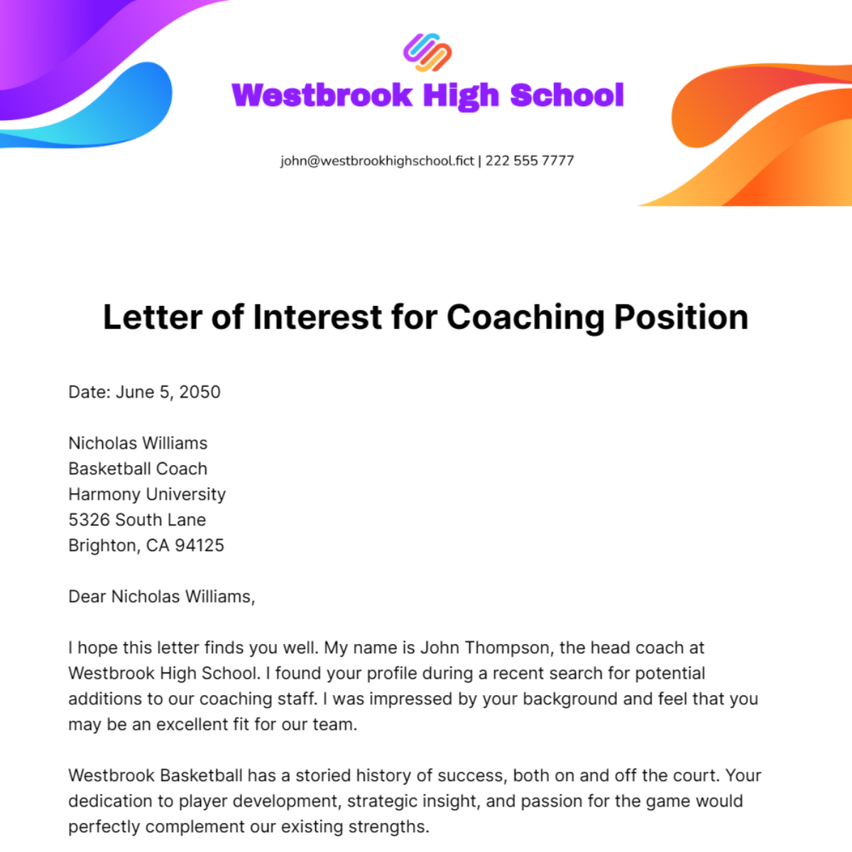 Letter Of Interest For Coaching Position Template Edit Online 