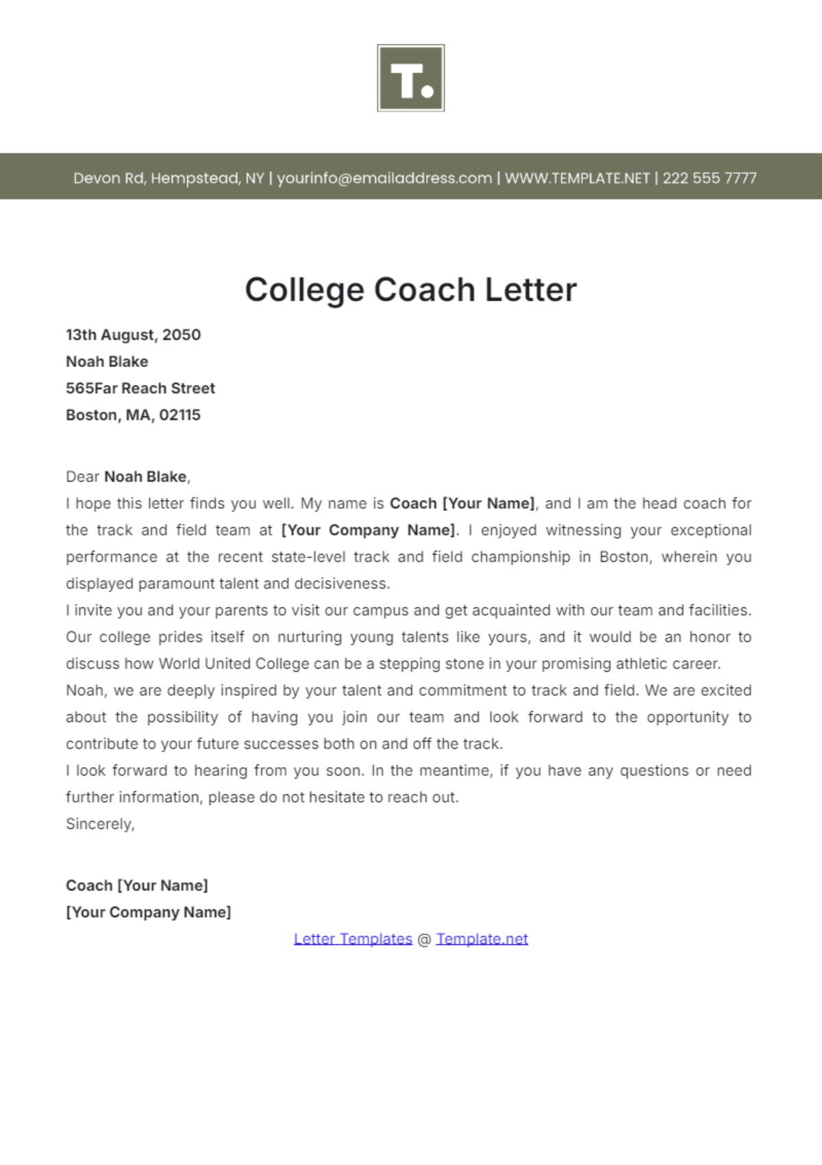 College Coach Letter Template - Edit Online & Download