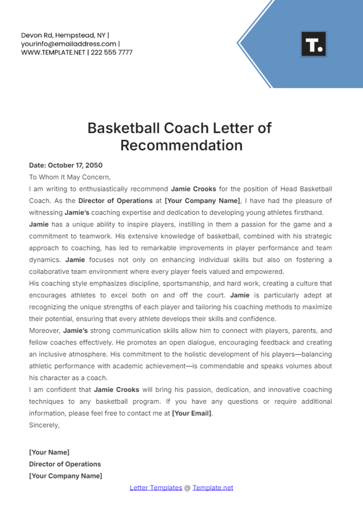 Basketball Coach Letter of Recommendation Template - Edit Online & Download