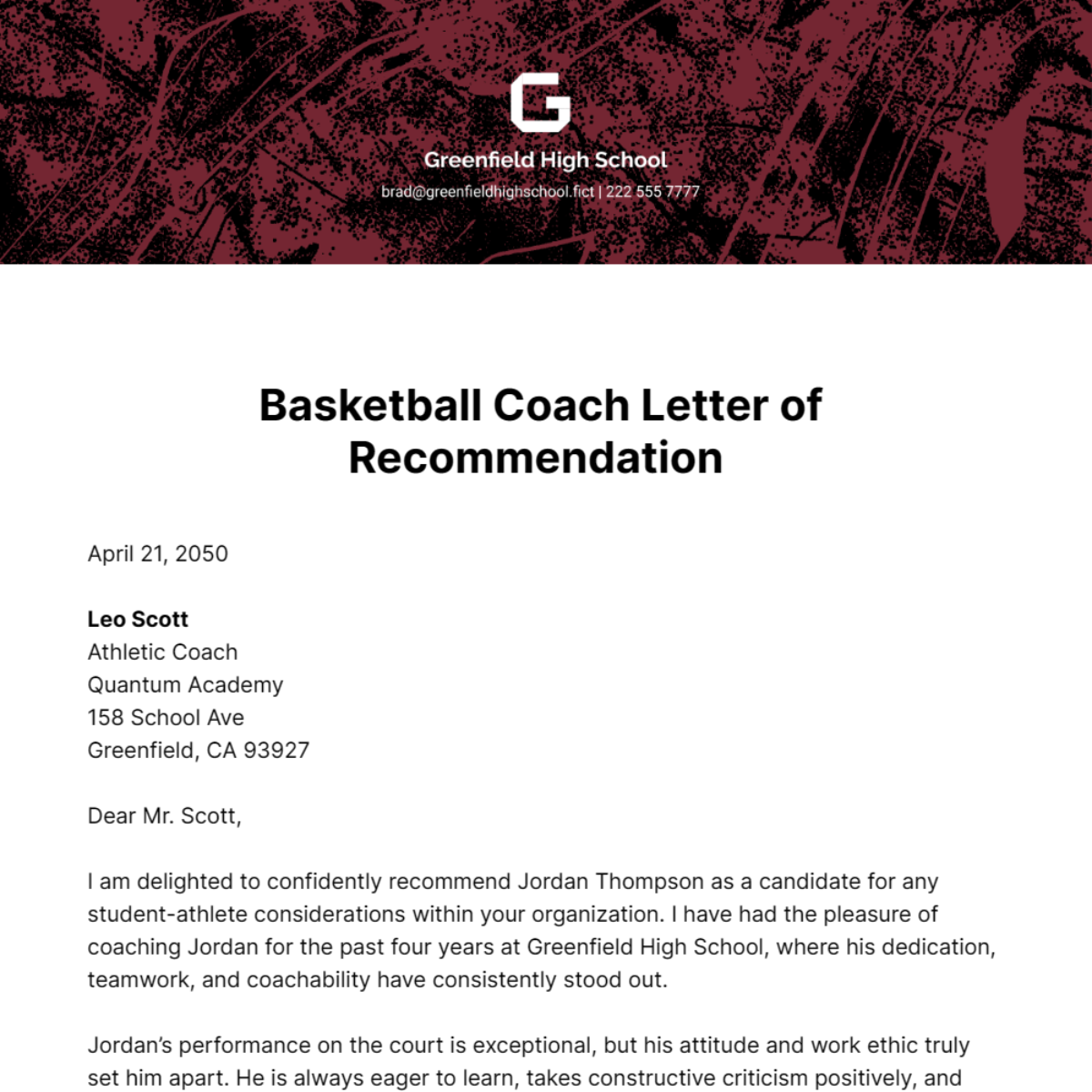 Basketball Coach Letter of Recommendation  Template