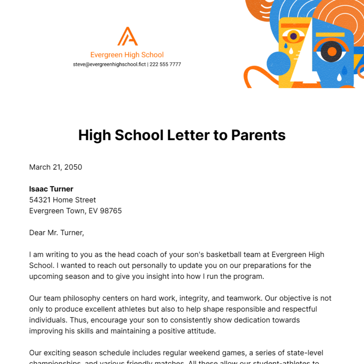 High School Letter to Parents  Template