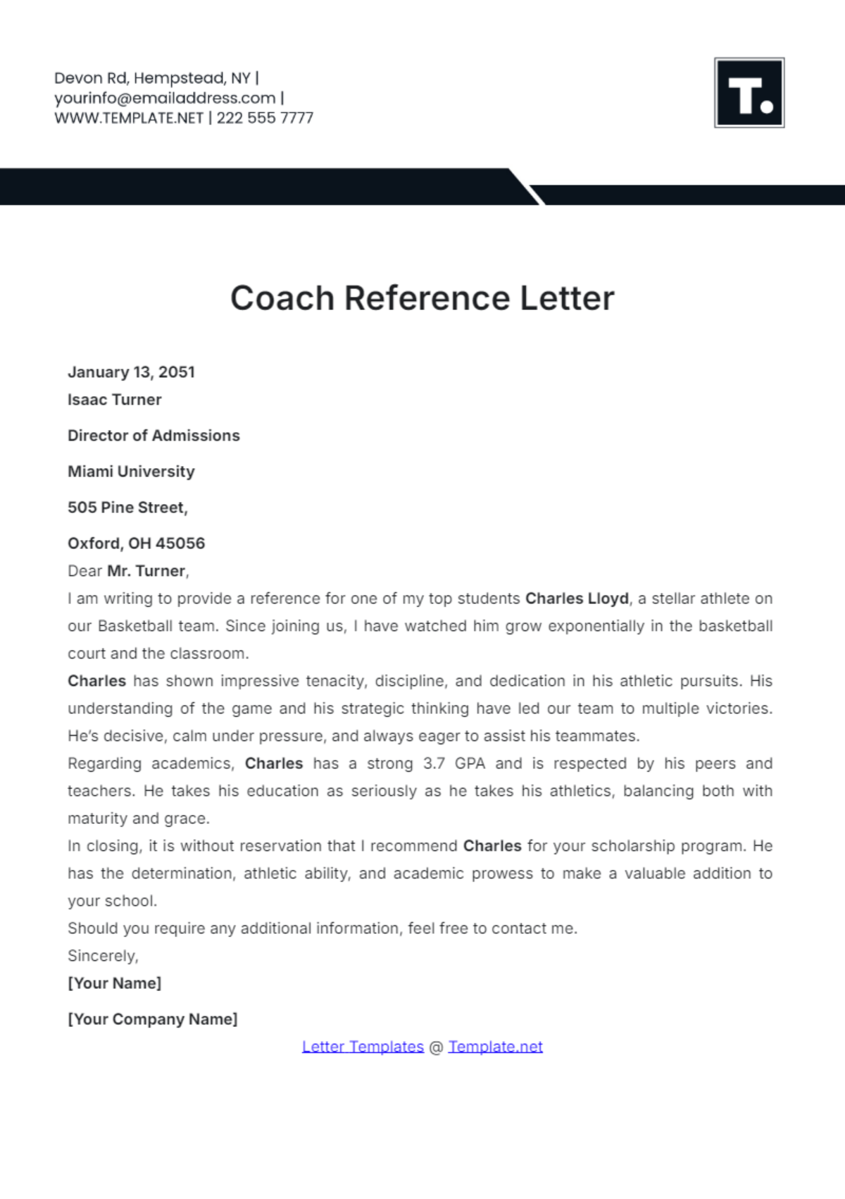 Coach Reference Letter Template - Edit Online & Download