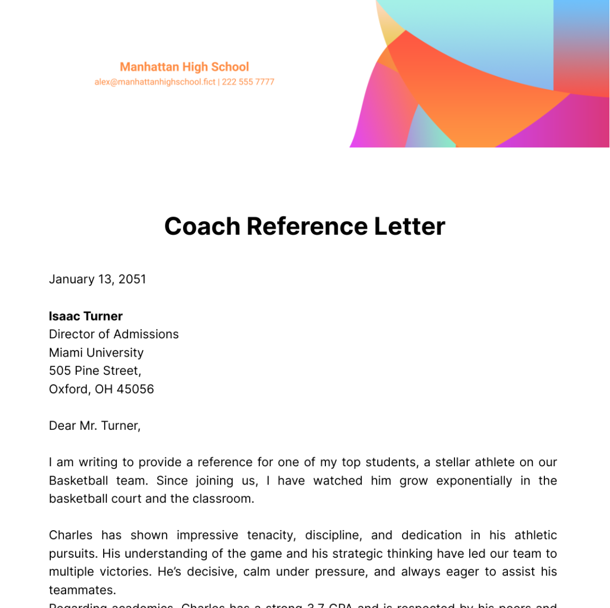 Coach Reference Letter Template