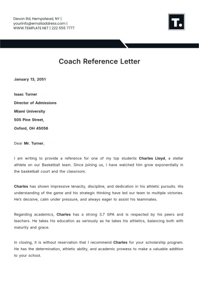 Free Coach Reference Letter Template to Edit Online
