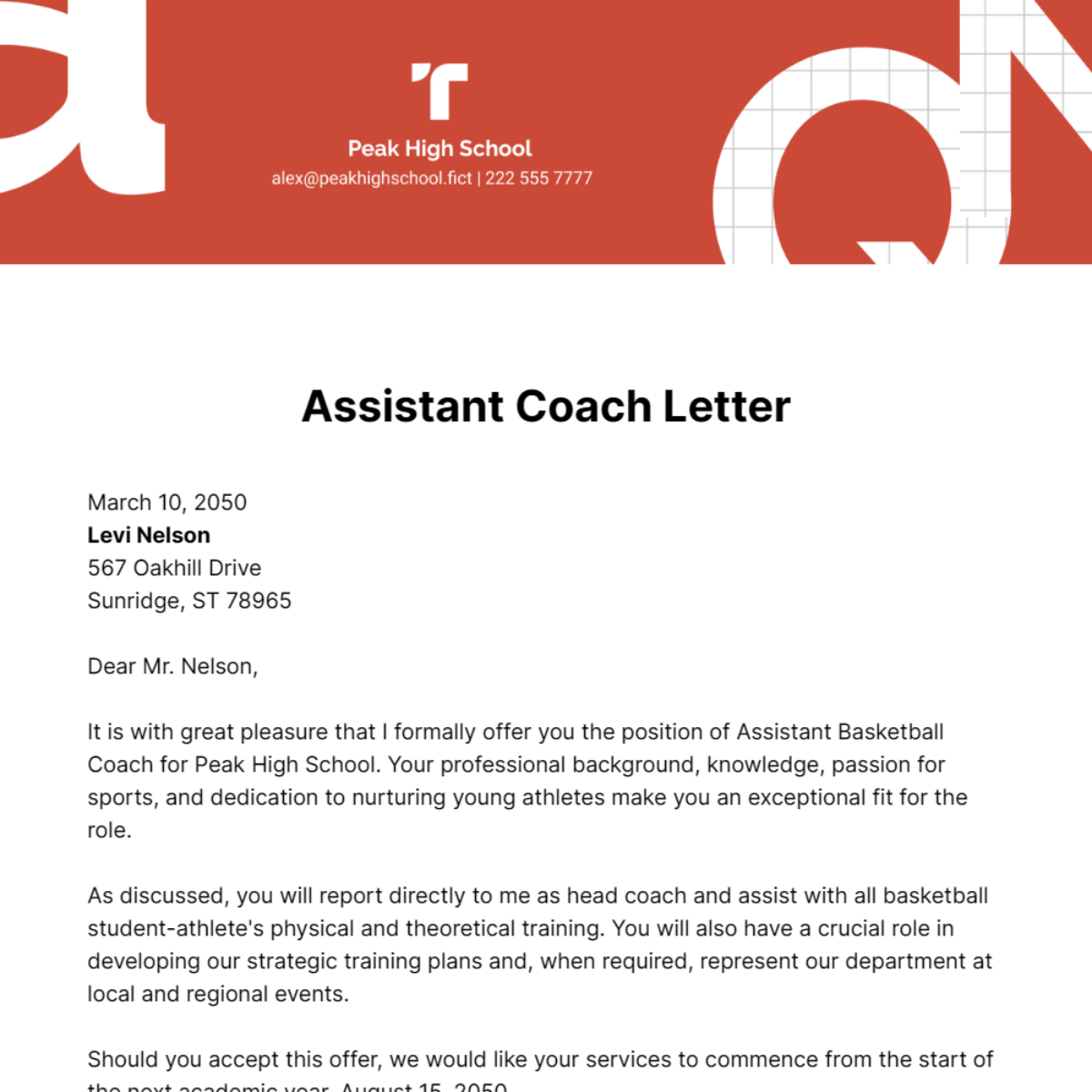 Assistant Coach Letter Template