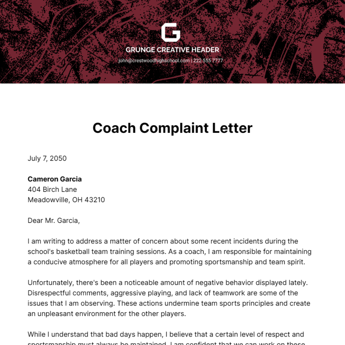 Coach Complaint Letter Template