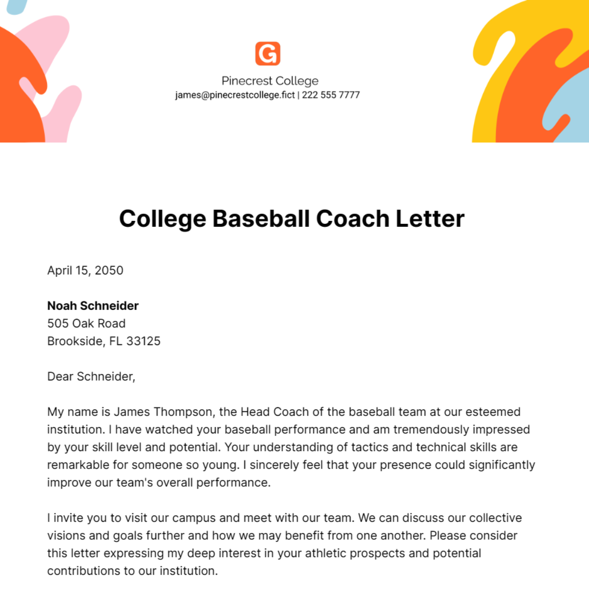 College Baseball Coach Letter Template