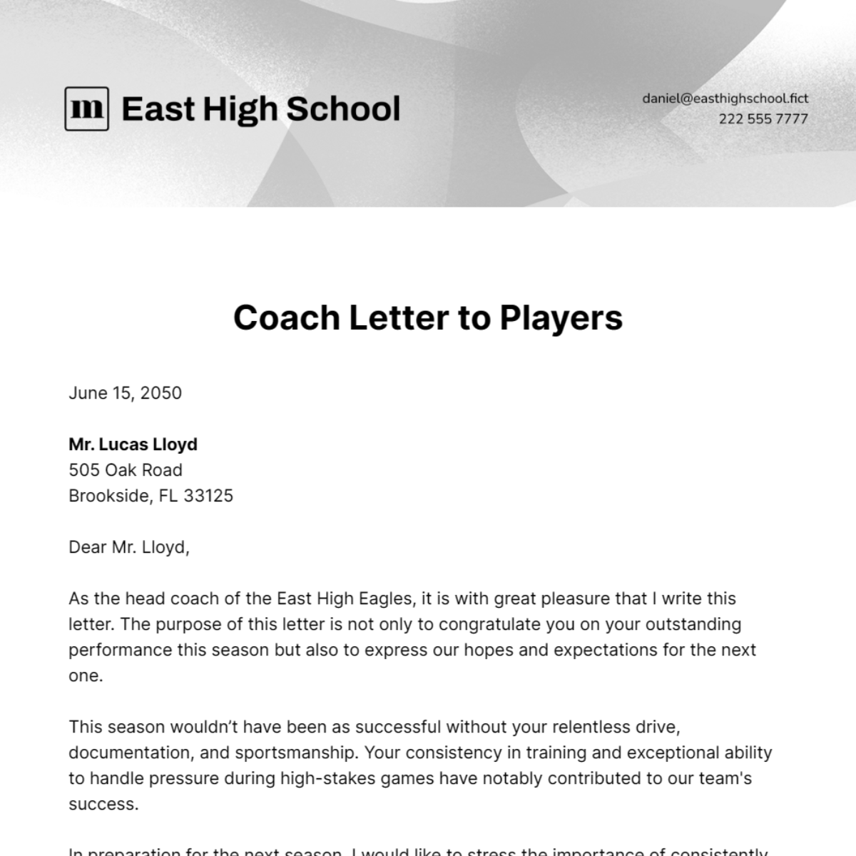 Free Coach Letter to Players  Template