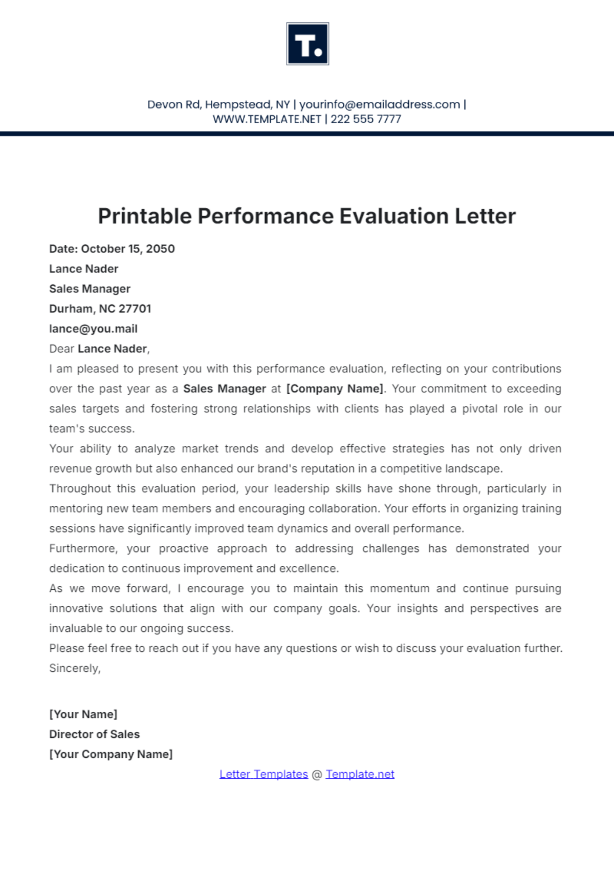 Printable Performance Evaluation Letter Template - Edit Online & Download