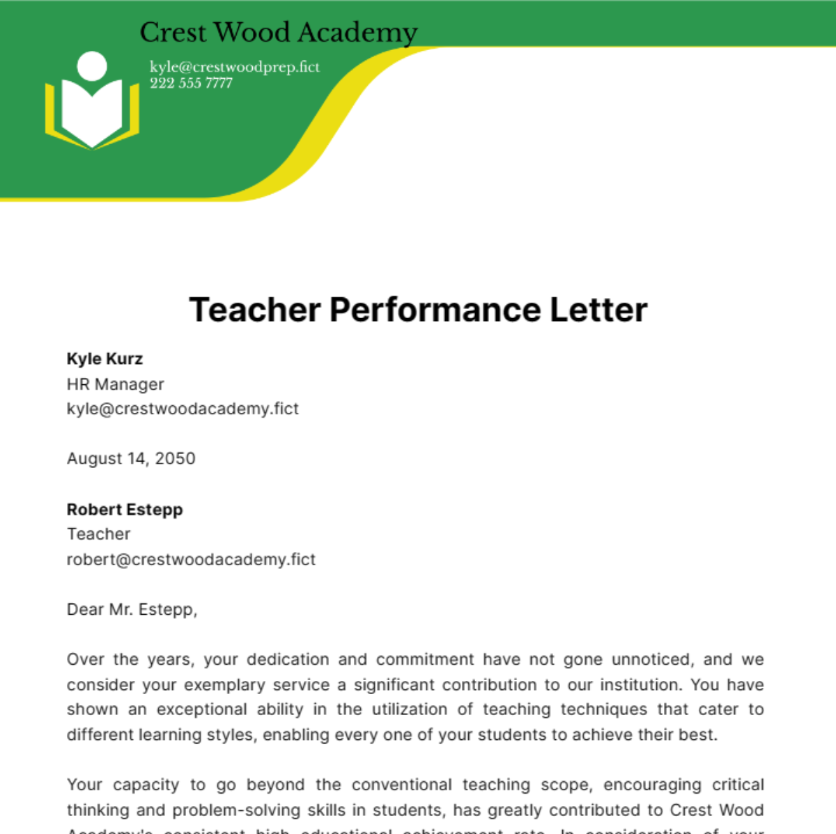 Teacher Performance Letter Template