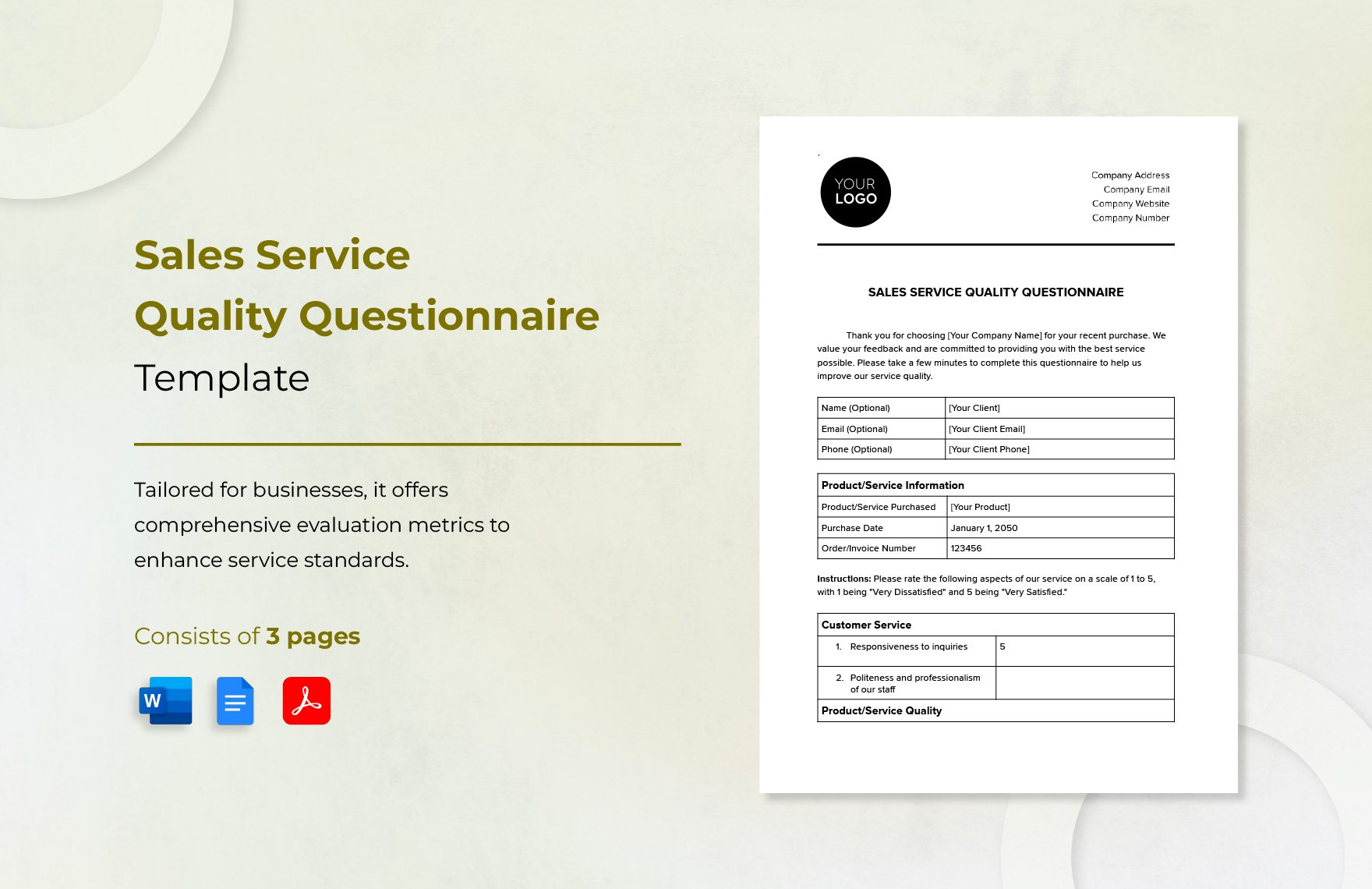 Sales Service Quality Questionnaire Template in Word, Google Docs, PDF