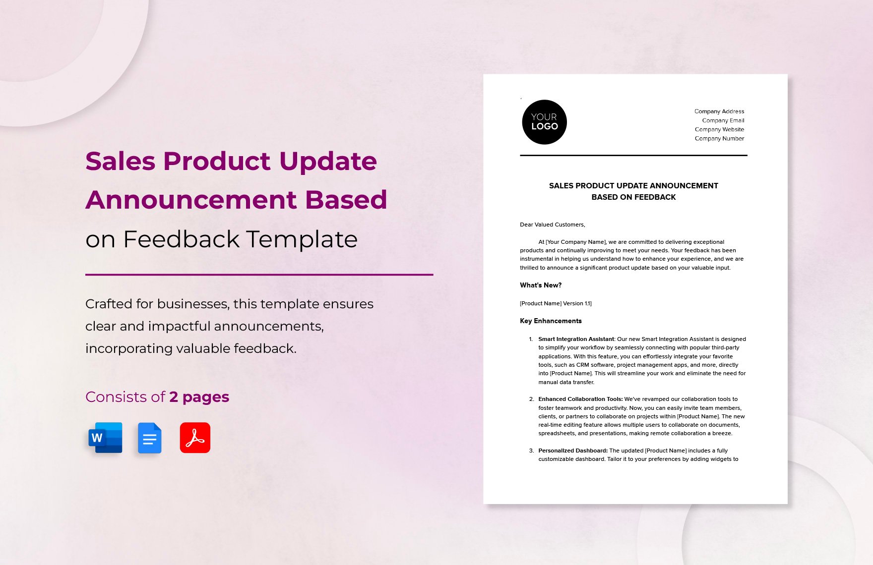Sales Product Update Announcement Based on Feedback Template in Word