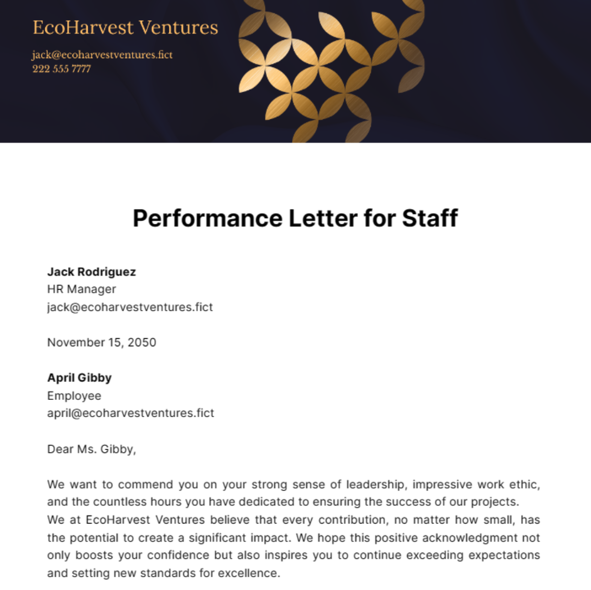 Performance Letter for Staff Template