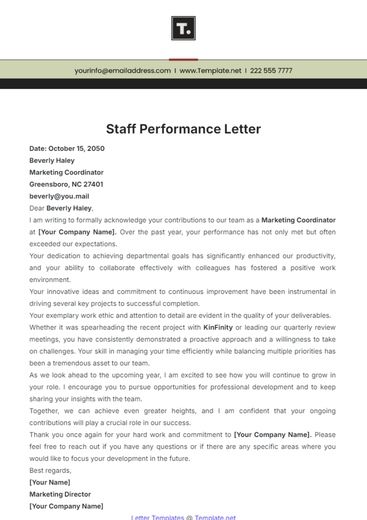 Staff Performance Letter Template - Edit Online & Download