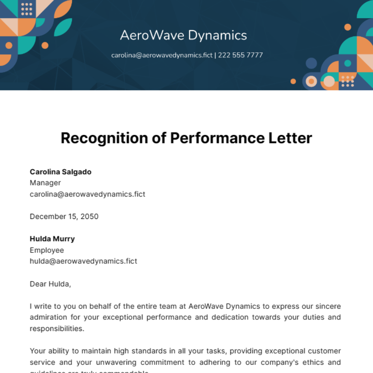 Recognition of Performance Letter Template