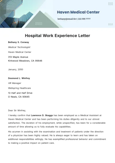 Free Hospital Work Experience Letter Template to Edit Online