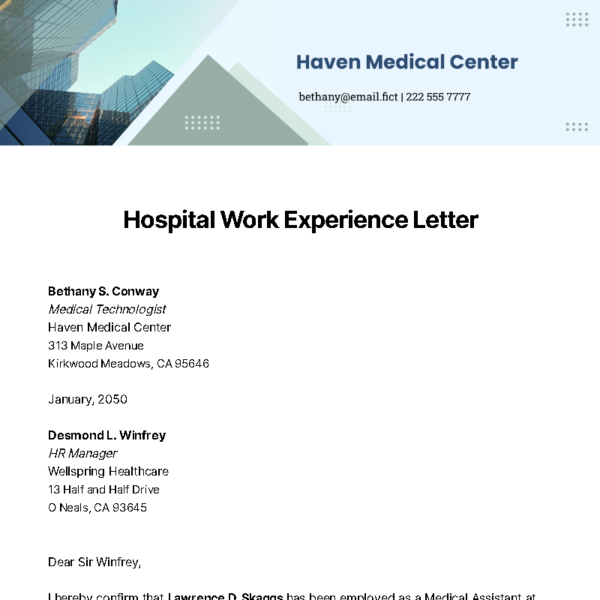 Free Hospital Work Experience Letter Template