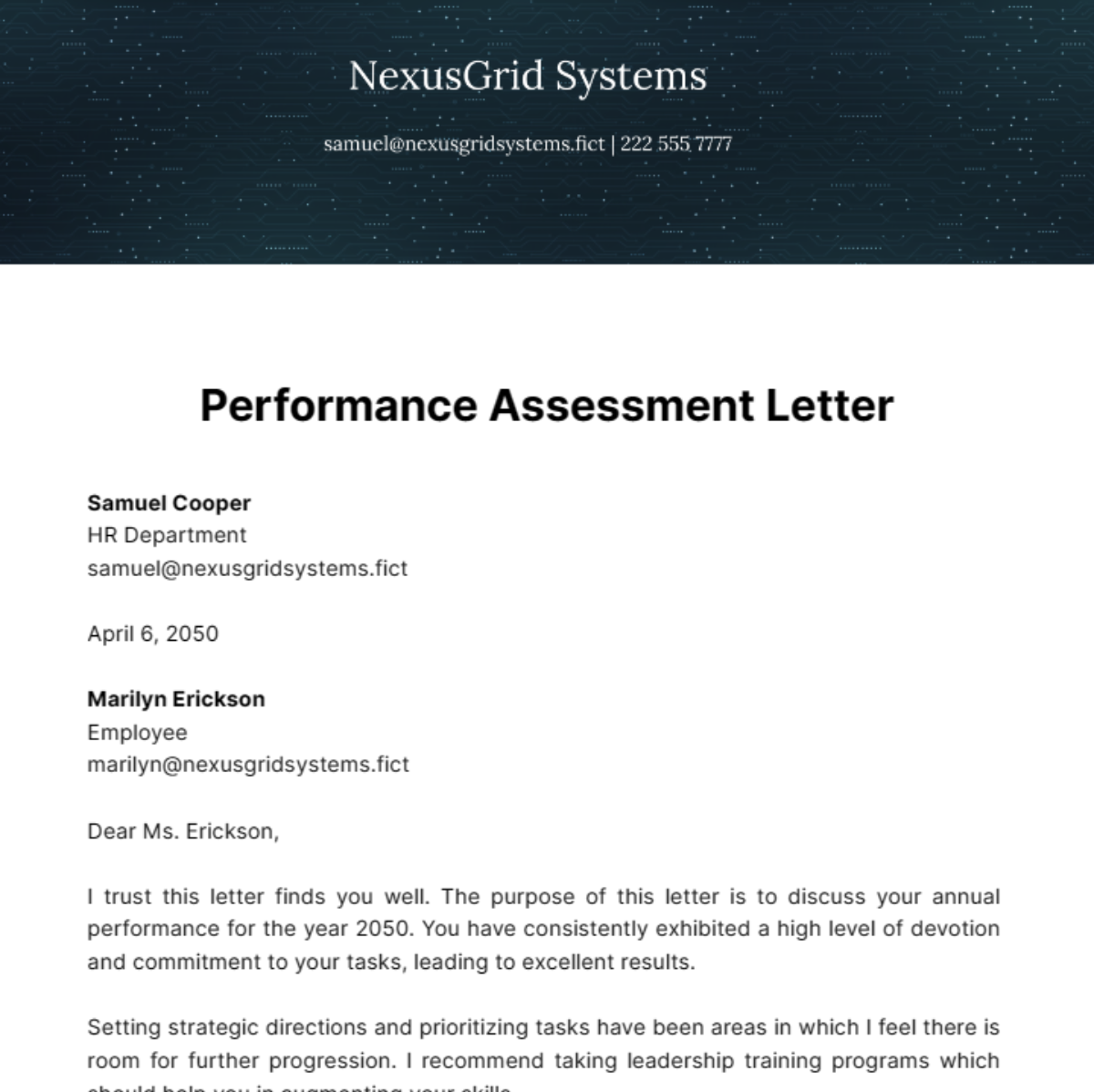 Performance Assessment Letter Template